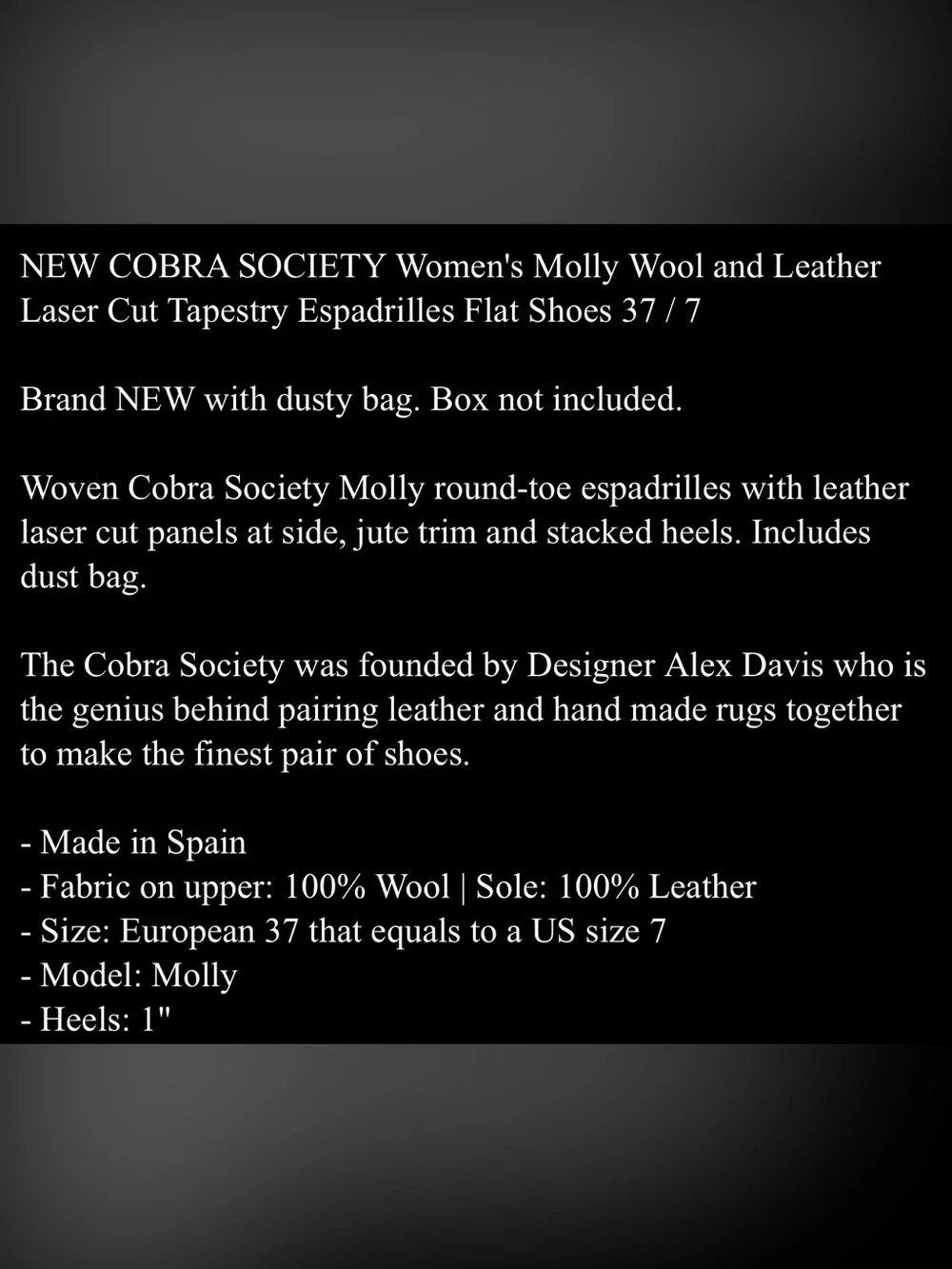 NWOB Cobra Society Women Wool & Leather Laser Cut Tapestry Espadrilles Size 6